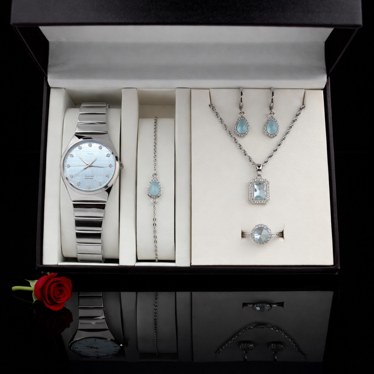 Σετ γυναικείο  Aquamarine ( ρολόι - βραχιόλι-κολιέ-δαχτυλίδι ( one size ) -σκουλαρίκια )